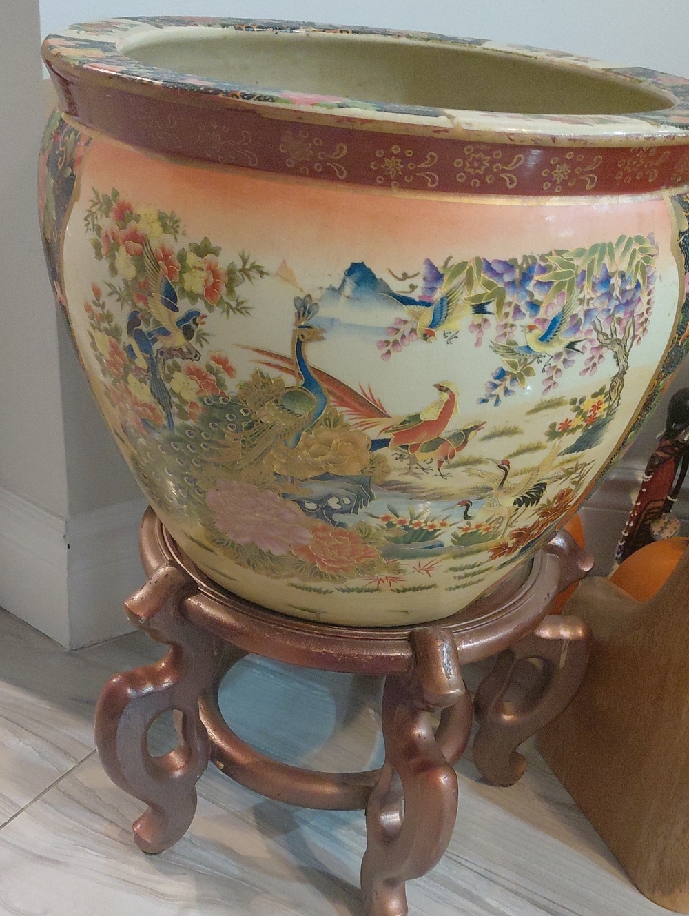 Decorative Handpainted Ceramic Planter with Hand-Painted Multicolor Bird Scene